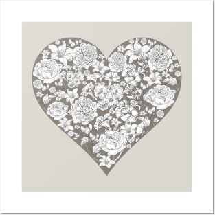 Vintage flowers in silver heart Posters and Art